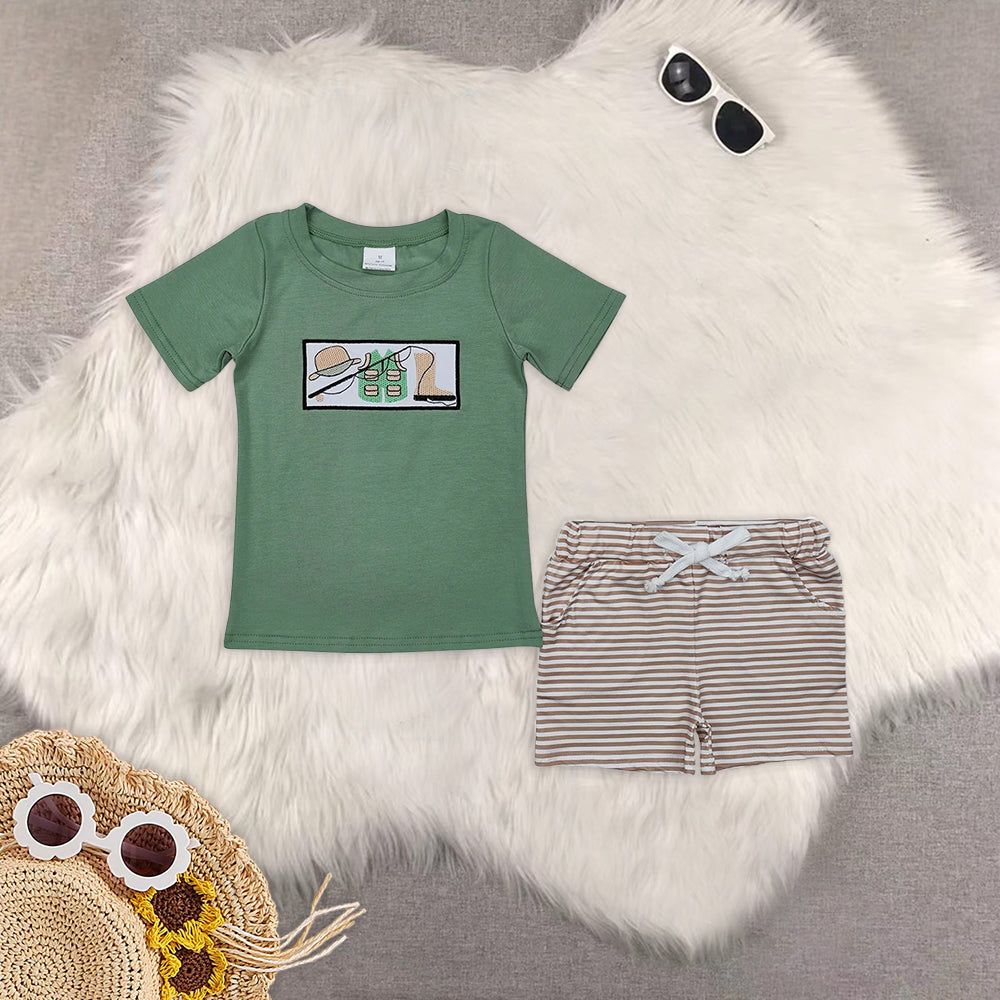 Baby Boys Blue Stripes Sibling Embroidery Summer Clothes Sets