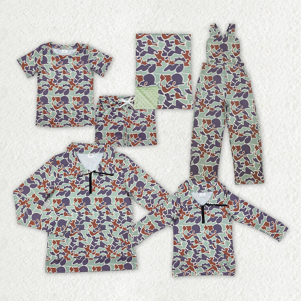 RTS NO MOQ Camouflage short sleeve shorts set & baby blanket and jumpsuit and adult top and kids top