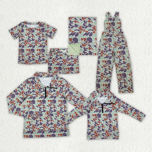 RTS NO MOQ Camouflage short sleeve shorts set & baby blanket and jumpsuit and adult top and kids top