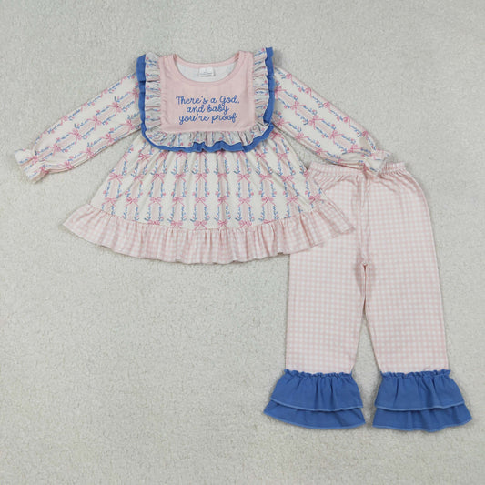 RTS NO MOQ（In Stock) GLP2379 God Baby Proof Beige Plaid Long-Sleeved Pantsuit with Lettering and Bow