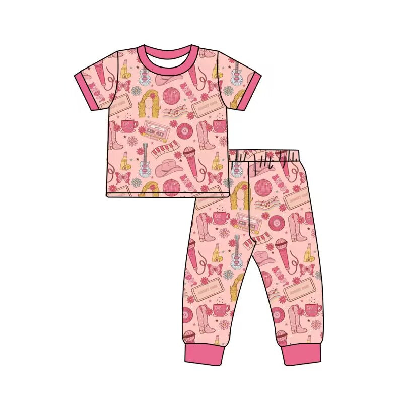 custom moq 5 eta 5-6weeks baby girls clothes singer boots pink short sleeve grid Pants Sets