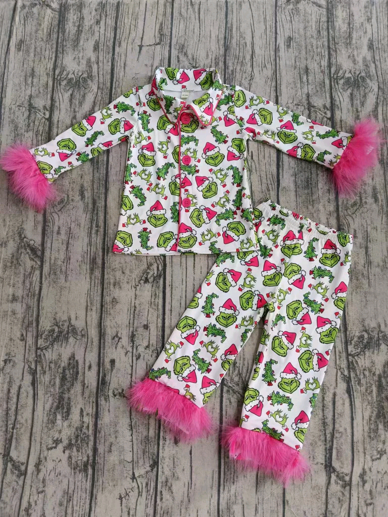 PRE ORDER Deadline August 2 close custom no moq Children's boutique clothing Christmas Pajamas Pink furlPajamas Set