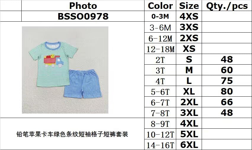rts no moq BSSO0978 Pencil Apple Truck Green Striped Short Sleeve Plaid Shorts Set