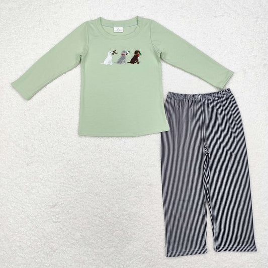 rts no moq BLP0741 embroidery hunting puppy green long-sleeved trousers set