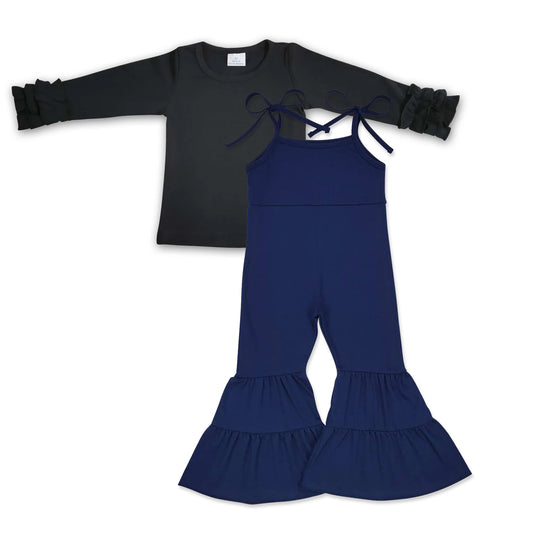 SR0449 Dark blue suspender jumpsuit with black top