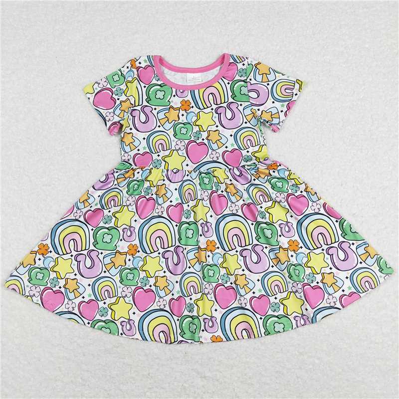 RTS NO MOQ Baby Girl Clothes St. Patrick's Four Leaf Clover Short Sleeve dresses