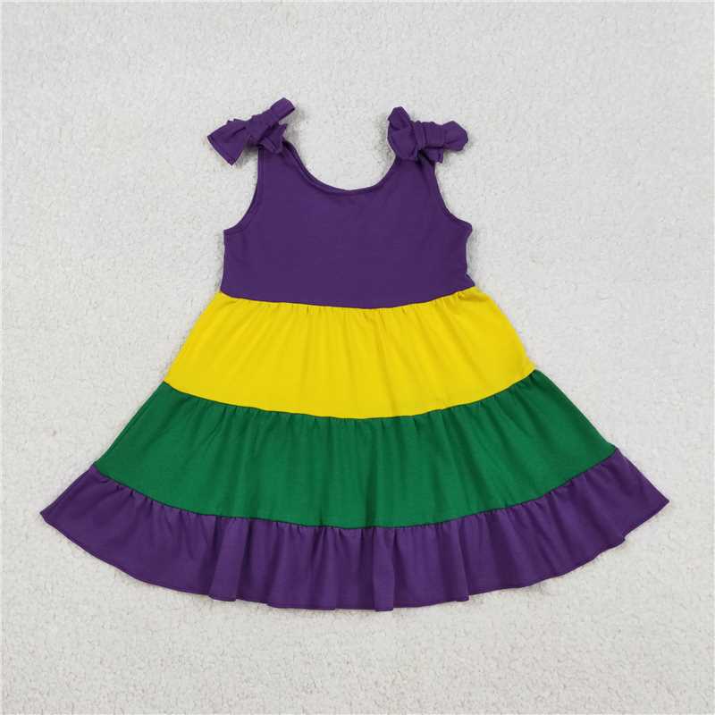 RTS NO MOQ（In Stock ) Mardi Gras Green Yellow Purple Patchwork Bow Dress