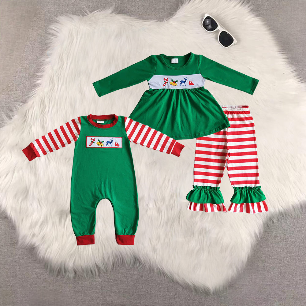 RTS NO MOQ Sibling Baby girl clothes Christmas embroidery long-sleeved trousers suit & romper