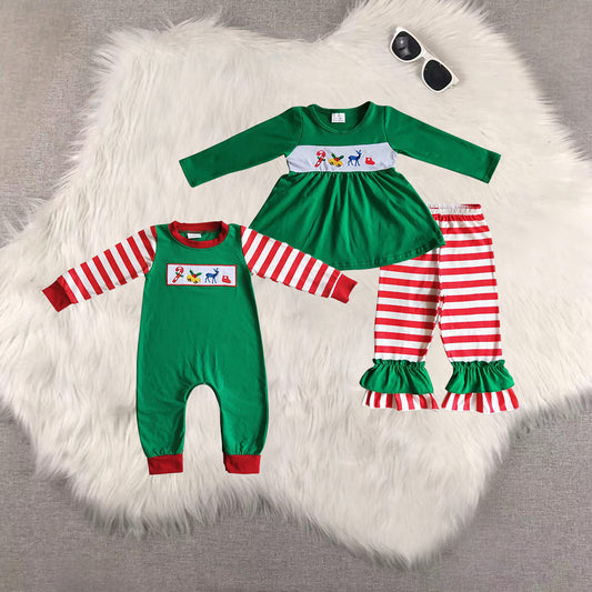 RTS NO MOQ Sibling Baby girl clothes Christmas embroidery long-sleeved trousers suit & romper