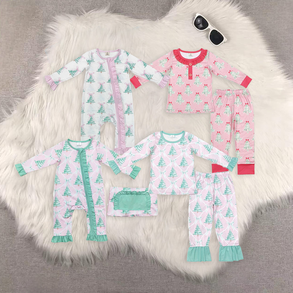 RTS NO MOQ Sibling Baby girls modal Christmas trees bow long-sleeved trousers suit & romper