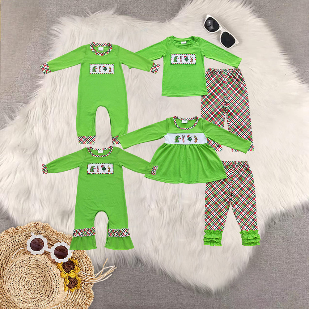 RTS NO MOQ Sibling baby girls boys clothes embroidery Christmas cartoon long-sleeved trousers suits and romper