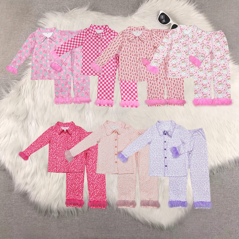 RTS NO MOQ Sibling adults women Christmas Pink Plush Button Long Sleeve Long Pants Pajama Sets