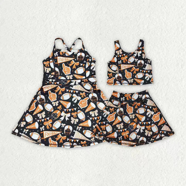 RTS NO MOQ Sibling baby girl clothes team cheer skirt yoga sets and dress