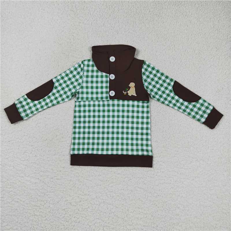 RTS NO MOQ Embroidered Puppy and Duck Brown & Green Plaid Button Pullover & Long Sleeve Set & Crawling Suit