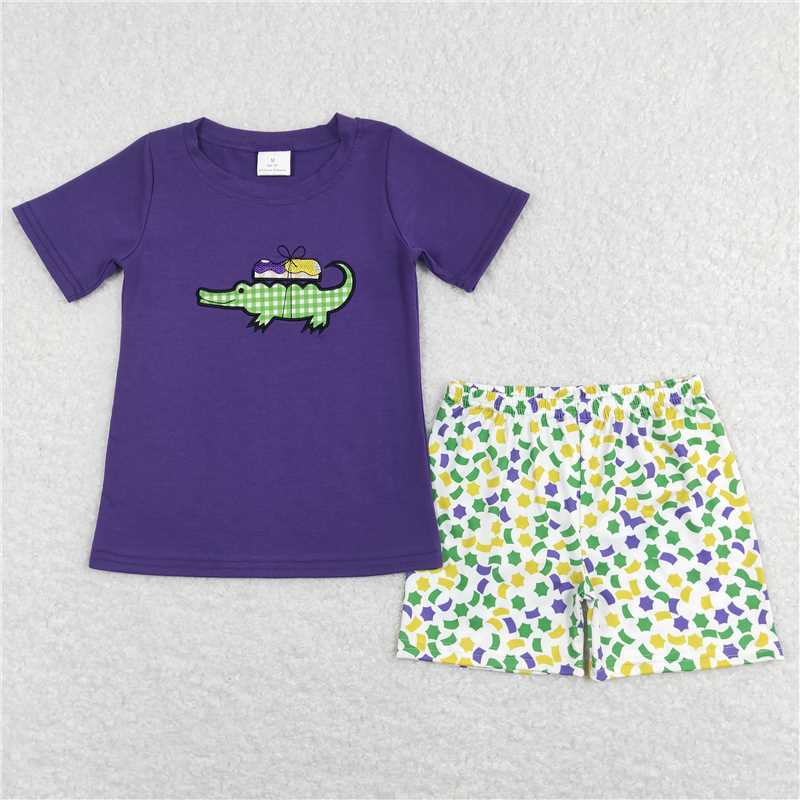 RTS NO MOQ GSSO0444 BSSO0467 BSSO0311 BSSO0410 Baby Girls and Boys Masked Party Purple Short Sleeve Shorts Set