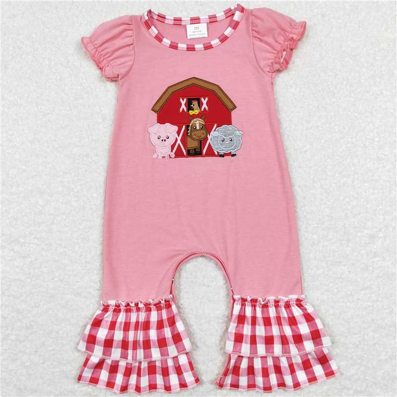 RTS NO MOQ GSPO0994 SR0511  Embroidered Animal-House Pattern Pink Bubble Short Sleeve Pants Set & Climbing Suit