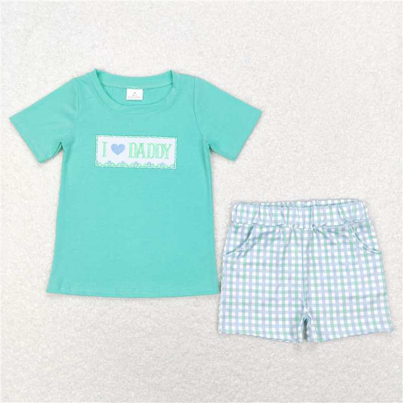 I love daddy Embroidery letters blue green plaid Sibling Sister Clothes Sets