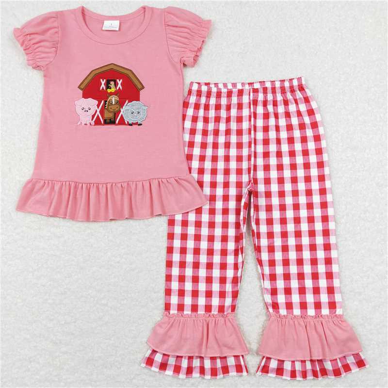 RTS NO MOQ GSPO0994 SR0511  Embroidered Animal-House Pattern Pink Bubble Short Sleeve Pants Set & Climbing Suit