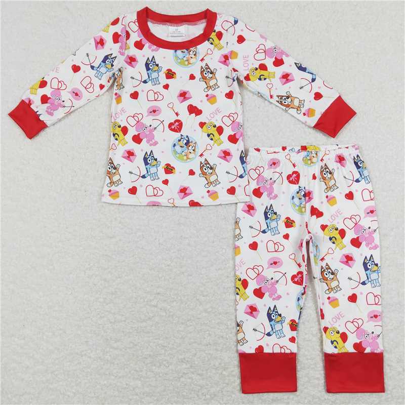 RTS NO MOQ Baby Girls Pink Valentine's Day Heart Pattern Long Sleeve Long Pants Pajama Set