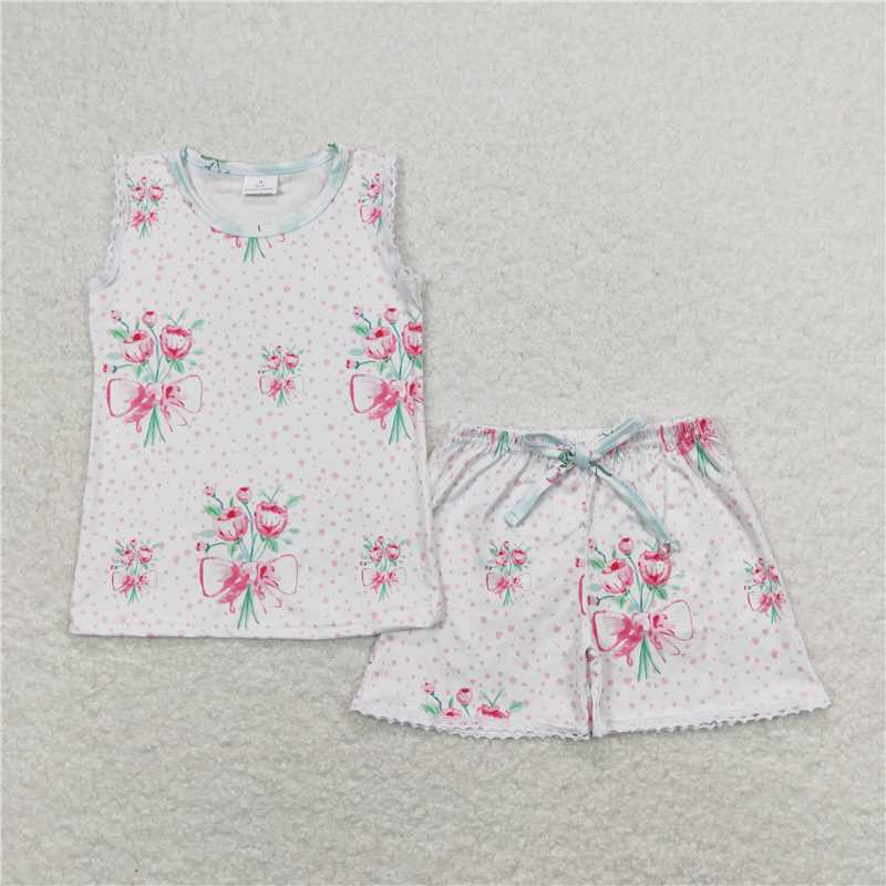 GSSO0694  White Sleeveless Shorts Set with Floral Polka Dots summer sets