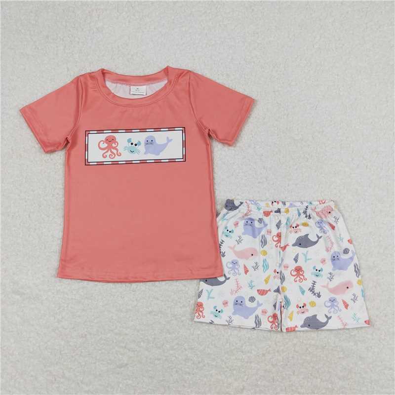 RTS	 BSSO0671 Octopus Crab Seal Brick Red Short Sleeve White Shorts Set Sibling Sister Clothes