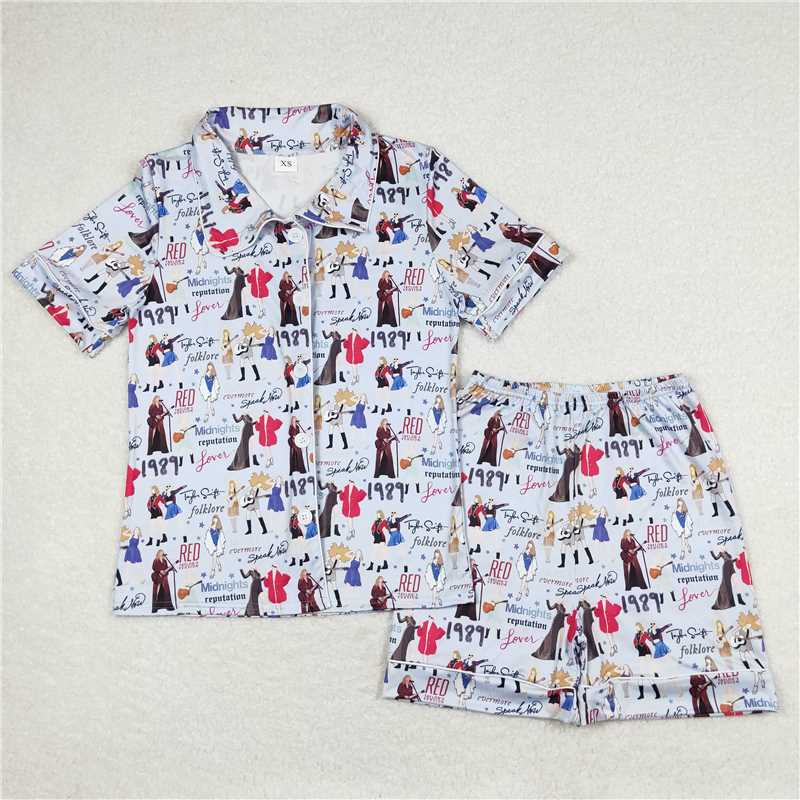 RTS NO MOQ Adult Girls European and American Female Singer Printed Button Cardigan Short Sleeve Shorts Pajama Set