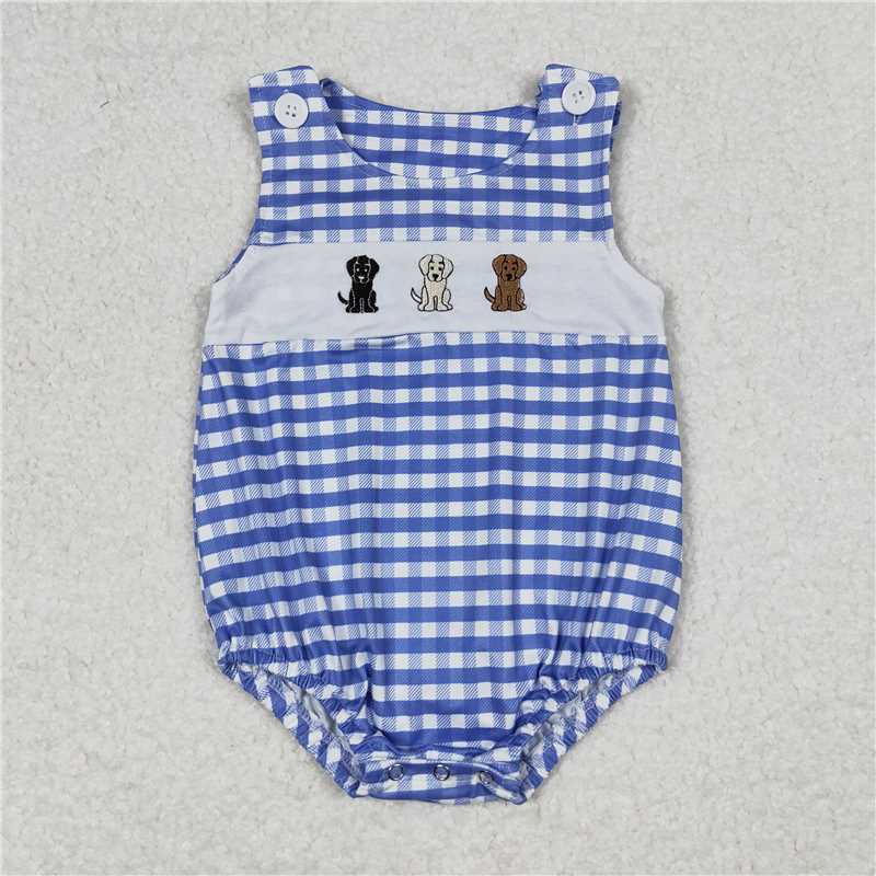 RTS SR1048 + BSSO0598 Embroidery three puppies beige short-sleeved blue and white plaid short