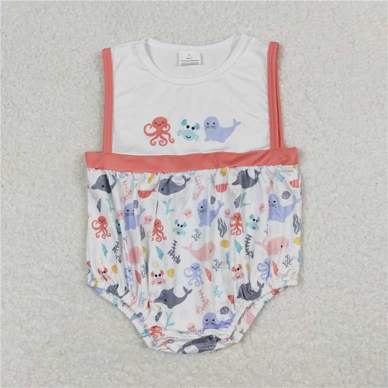 RTS	 BSSO0671 Octopus Crab Seal Brick Red Short Sleeve White Shorts Set Sibling Sister Clothes