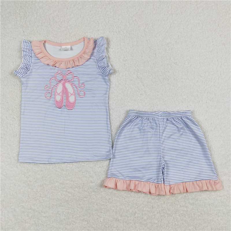 RTS NO MOQ Embroidery Ballet Shoes Blue Striped Long Sleeves Pink Long Embroidery Ballet Shoes Blue