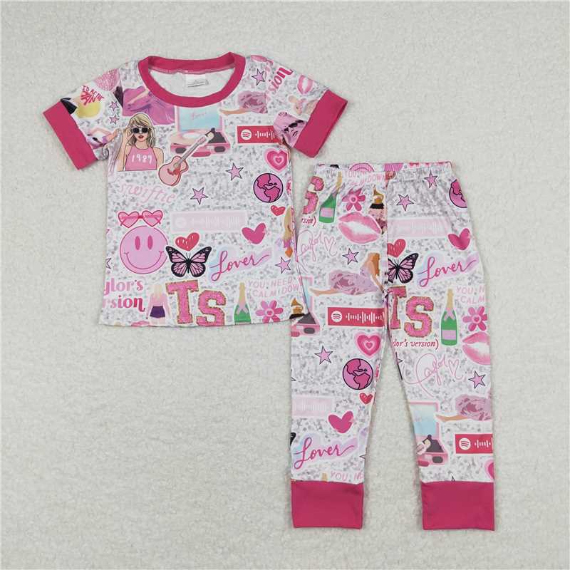 RTS NO MOQ Baby Girls European and American female singer musical instrument print pattern short-sleeved trousers suit