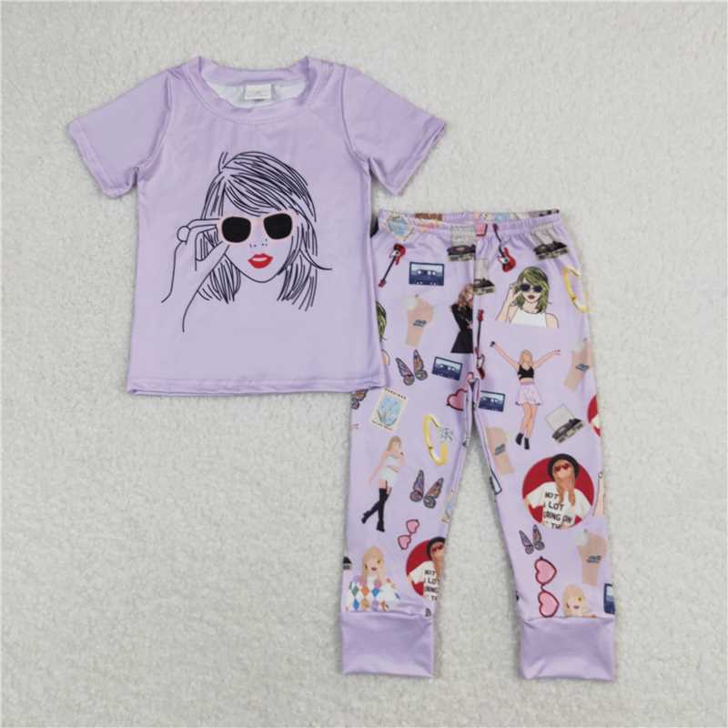 RTS NO MOQ Baby Girls European and American female singer musical instrument print pattern short-sleeved trousers suit