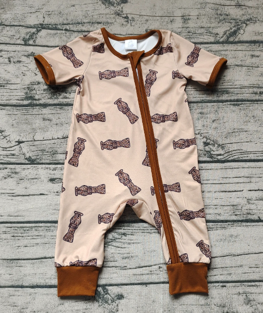 RTS NO MOQ bamboo fabric fabric content is  50% cotton +45%bamboo +5%spandx Camouflage Bottle Brown Zip-Up Short Sleeve Bodysuit