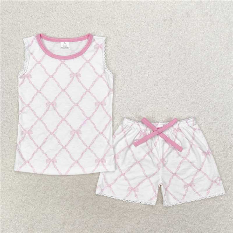RTS NO MOQ  50%cotton +45%bamboo +5%spandex GSSO1187 Modal bow pattern lace sleeveless shorts set