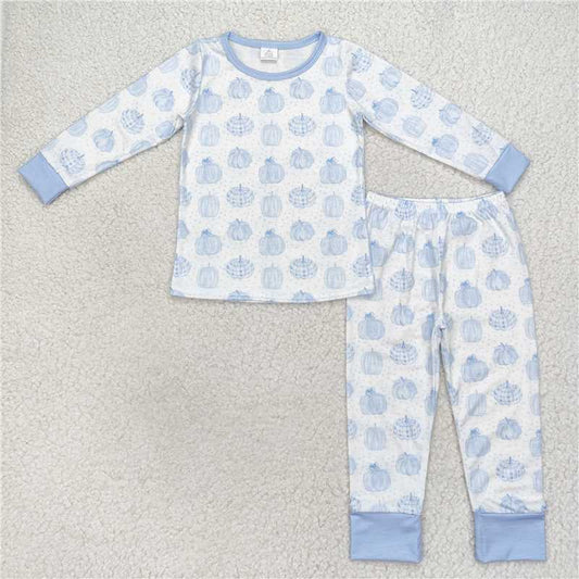 RTS BAMBOO no moq BLP0469 Modal pumpkin blue and white long-sleeved trousers pajama set