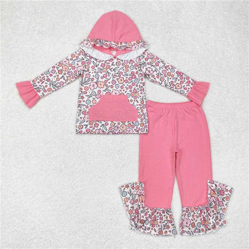 RTS NO MOQ Baby Girls Hooded Ruffle Top Bell Pants Clothes Sets