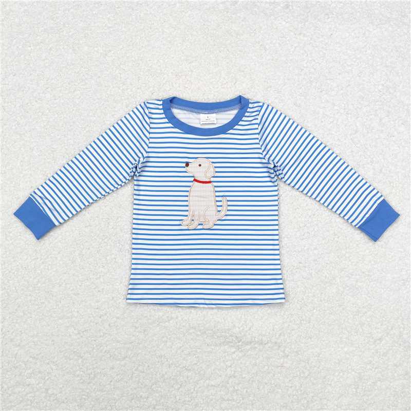 RTS NO MOQ LR1644 BT0808 LR1448  Blue Striped Long Sleeve Top & Climbing Suit with Embroidered Puppy Pattern