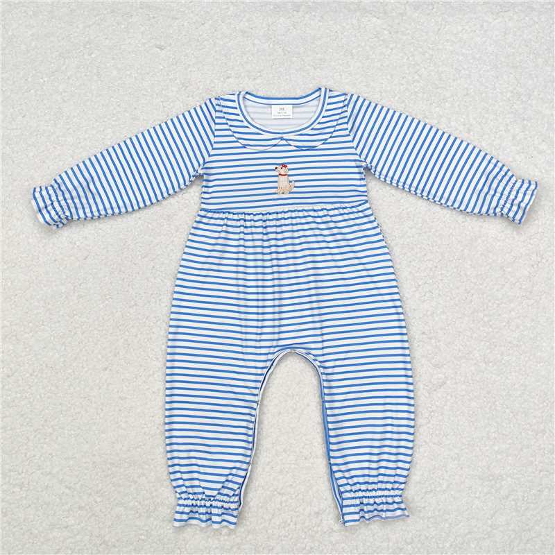 RTS NO MOQ LR1644 BT0808 LR1448  Blue Striped Long Sleeve Top & Climbing Suit with Embroidered Puppy Pattern