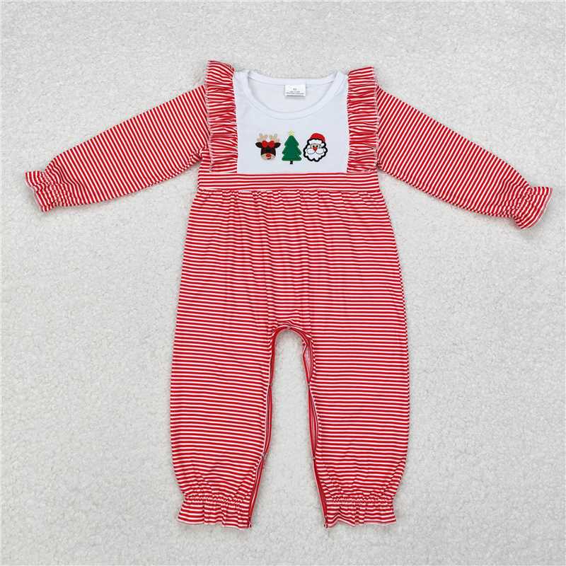 RTS NO MOQ LR1662 LR1476 LR1587 LR1588 Embroidered Santa Claus-Christmas Tree Striped Long Romper