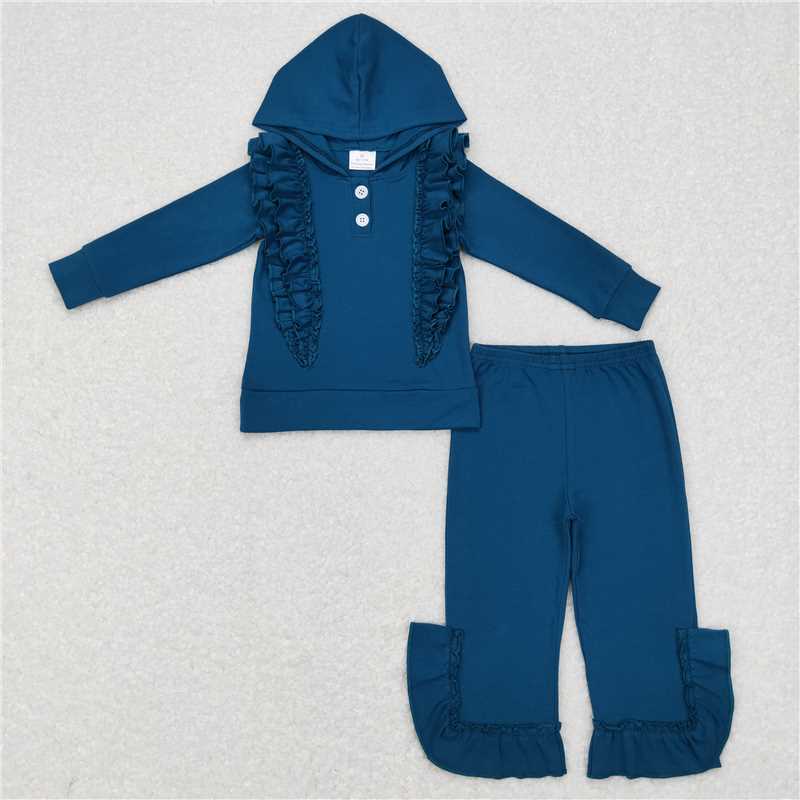 RTS NO MOQ Boys and girls solid color ruffled edge button hooded pullover long sleeve suit