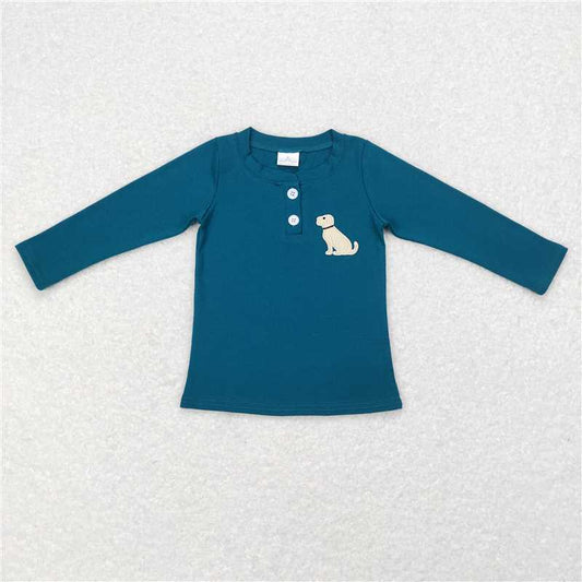 GT0354 Embroidered puppy dark green long-sleeved top