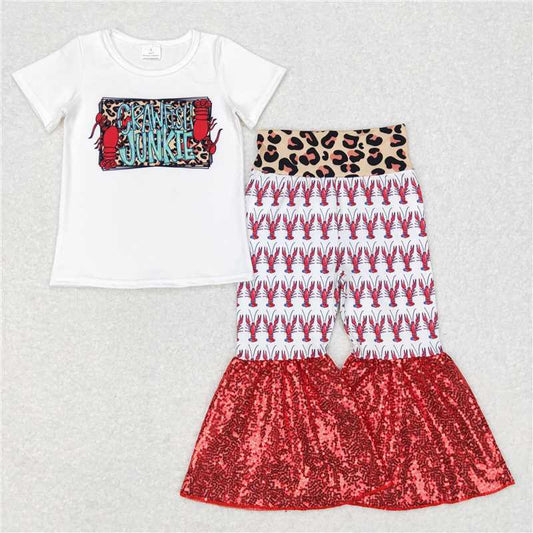 GSPO0938 crawfish junkie lobster white short sleeve leopard print red outfits