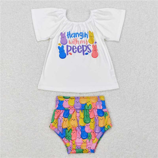 GBO0195 hangin' with my peeps letter white short sleeve colorful bunny briefs set
