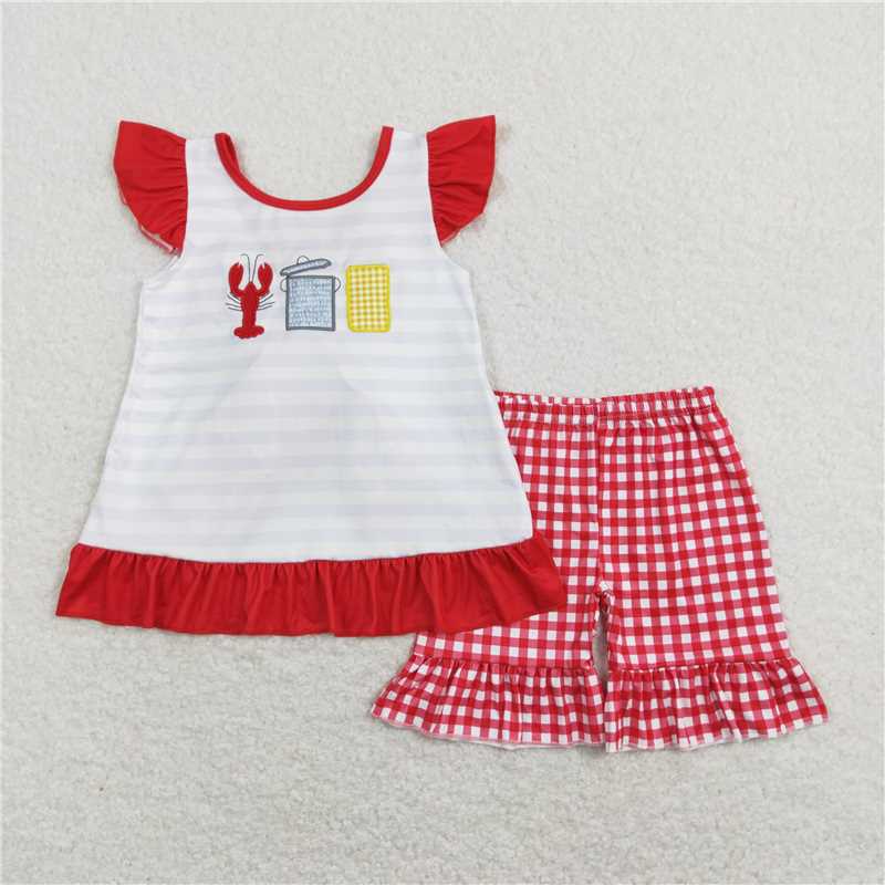 RTSEmbroidery Crayfish Corn Striped Bow Flying Sleeve Red Embroidery Crayfish Corn Stripe White Lantern Sleeve Short