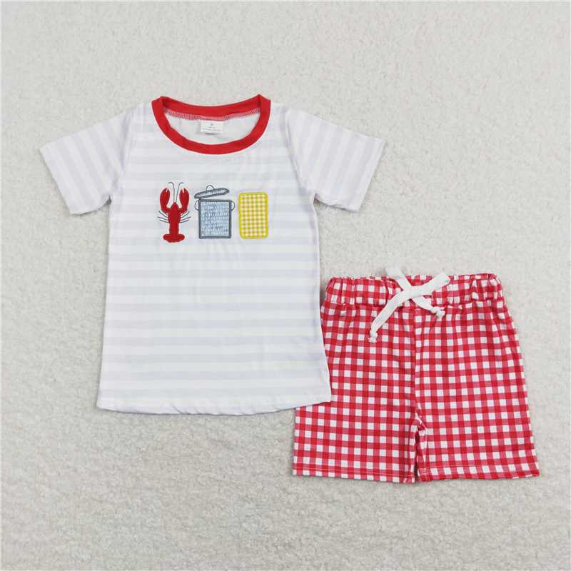 RTSEmbroidery Crayfish Corn Striped Bow Flying Sleeve Red Embroidery Crayfish Corn Stripe White Lantern Sleeve Short