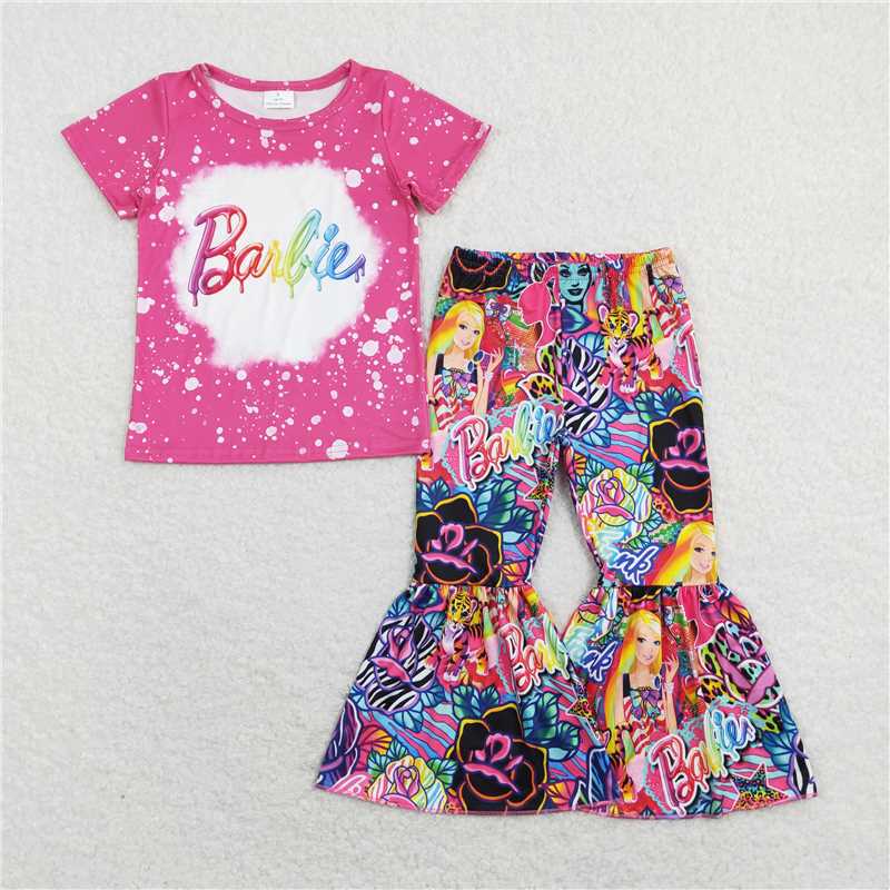 RTS NO MOQ Baby Girl Cartoon Barbie Short Sleeve Top Pants Set