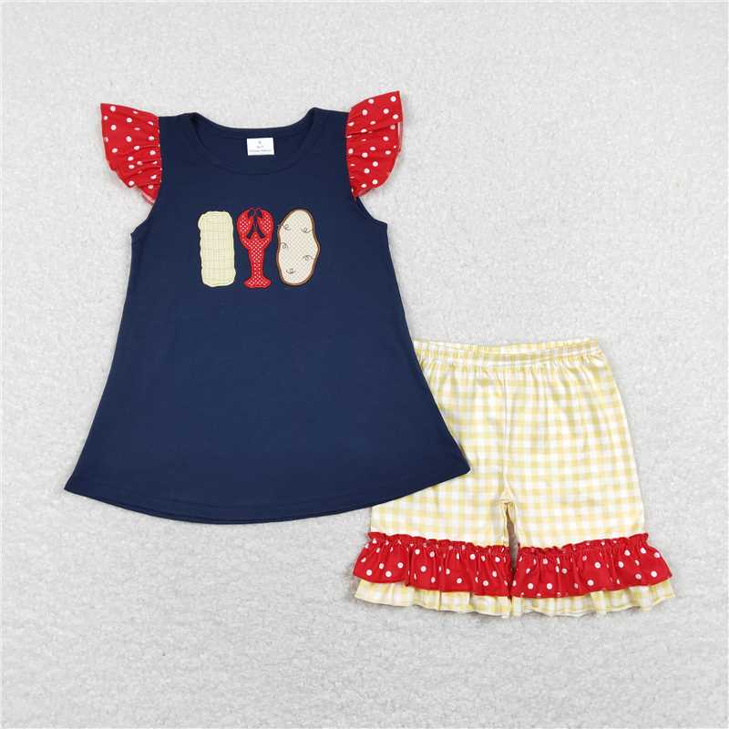 RTSEmbroidery GSSO0452 Embroidered corn crayfish navy blue lace short-sleeved yellow and white plaid shorts suit