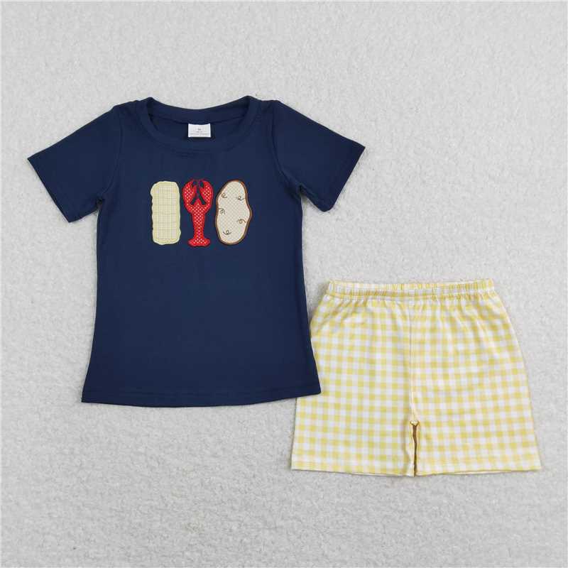 RTSEmbroidery GSSO0452 Embroidered corn crayfish navy blue lace short-sleeved yellow and white plaid shorts suit