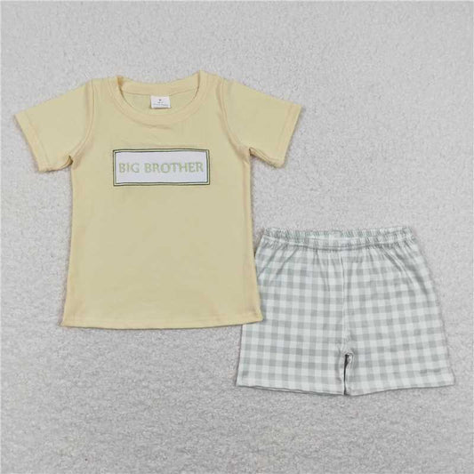 ready to ship  BSSO0403  big brother embroidered letters yellow short sleeve green
