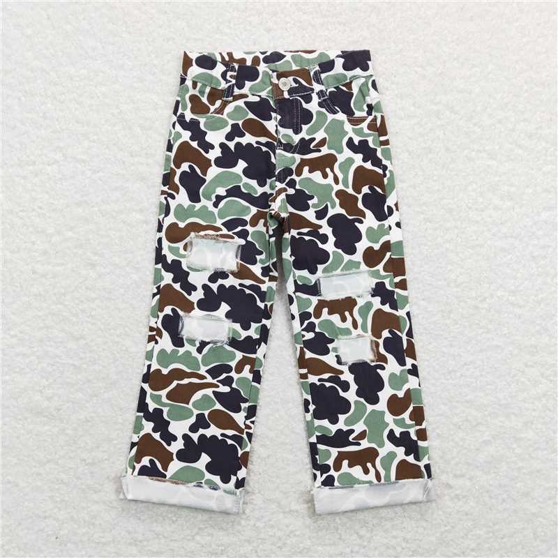 RTS NO MOQ  Army Green Camouflage Jeans: Flared & Ripped