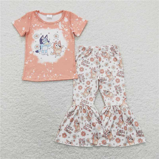 GSPO1335 blue big sister letters Floral Orange Short Sleeve Pants Suit